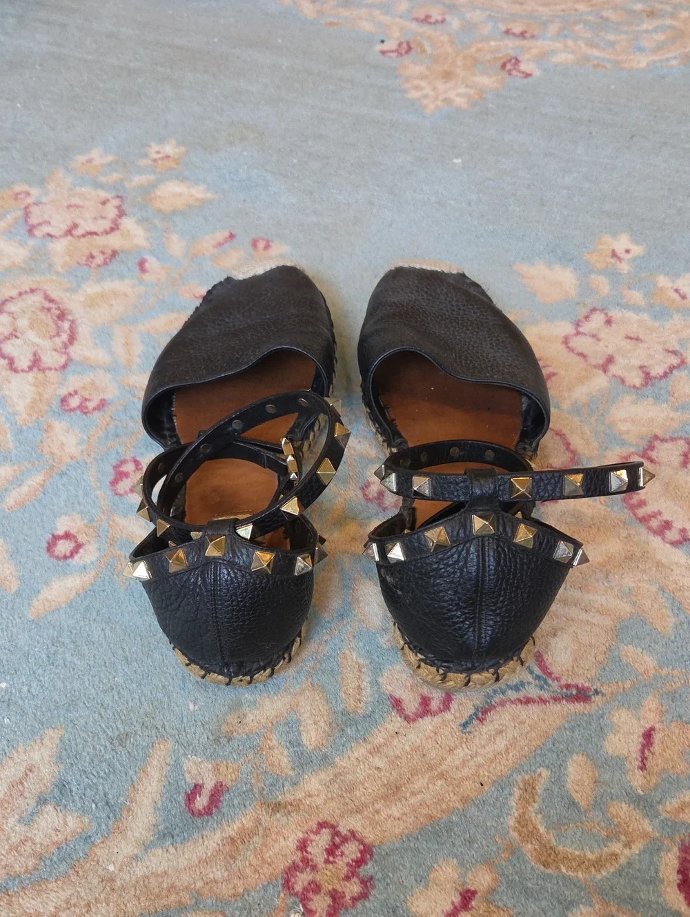 AUTHENTIC VALENTINO GARVANI BLACK LEATHER ROCKSTUD ESPADRILLE SHOES  $1195 ITALY